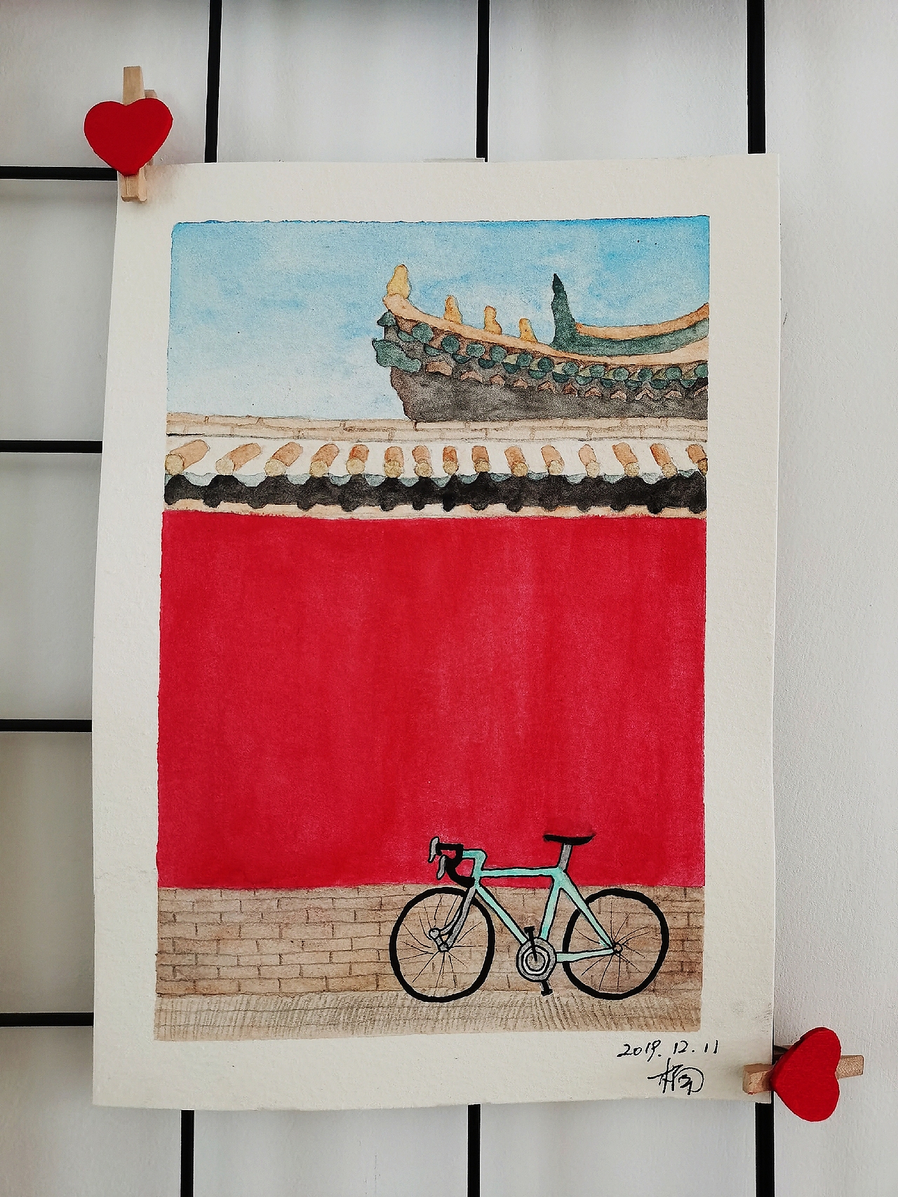 水溶彩铅手绘故宫红墙