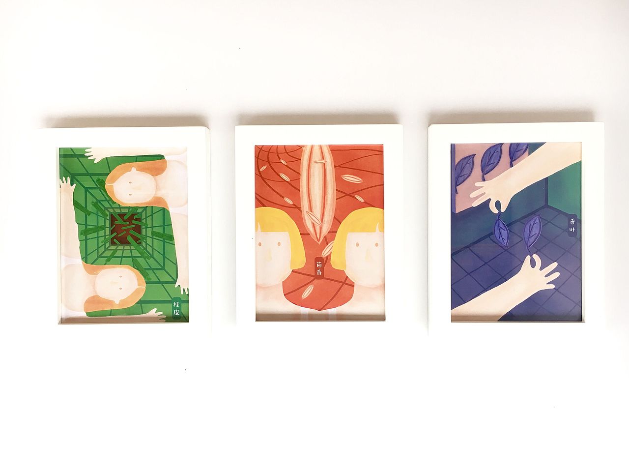 主海报以及6种产品分别对应的插画画面
6张插画在画面表达以及颜色搭配上，希望打破以往人们对于卤水香料的古朴刻板的印象，以全新的方式表达。同时也在画面中体现一种简单有趣的生活态度。