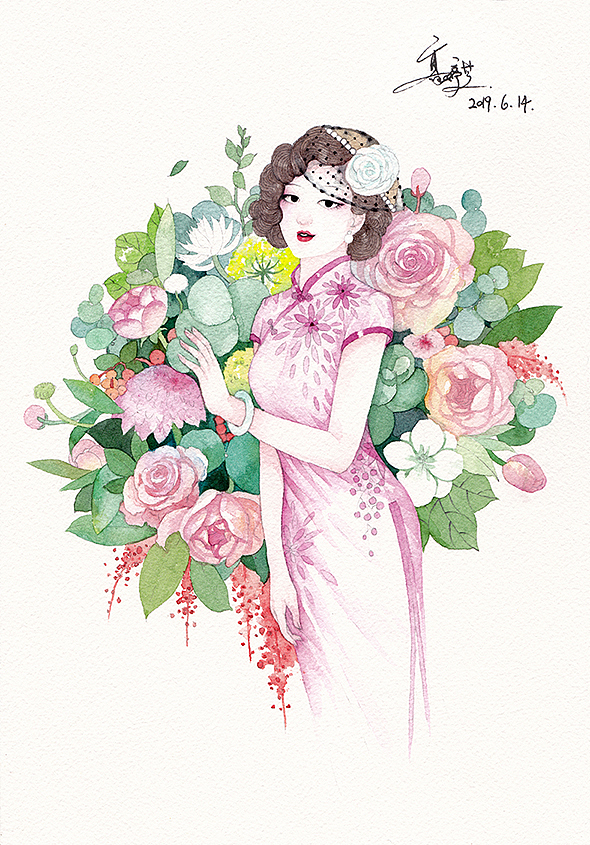 复古旗袍女子系列水彩插画