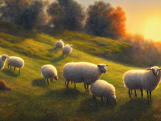 #AI创作实验室#山坡上的羊在吃草，夕阳黄昏，油画