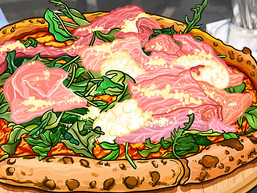 芝麻叶帕尔马火腿披萨｜线稿风手绘美食