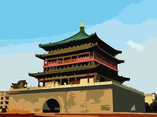 古城钟楼水彩画-西安古城-西安钟楼