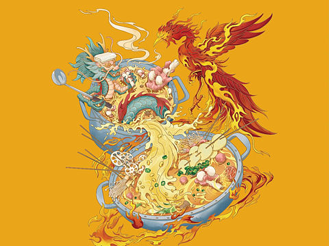 火凤凰黄豆龙骨汤烫菜-插画设计创作