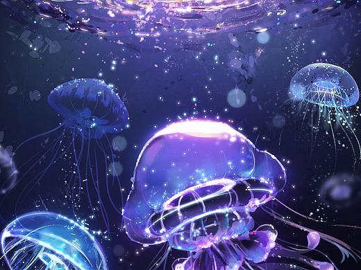 黑暗中 熠熠发光的 生物 水母  