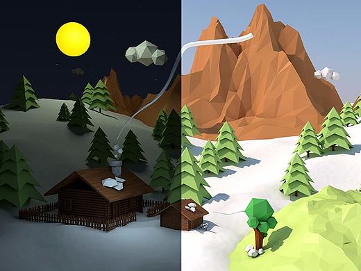 木屋,雪地,青松,大山,斑点狗,场景混搭!!