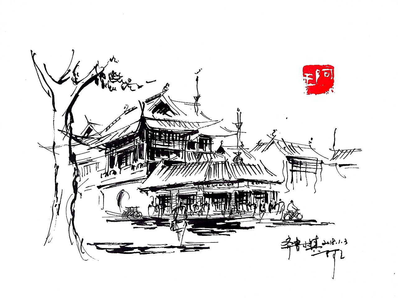 速写钢笔画风景建筑速写阿王速写建筑