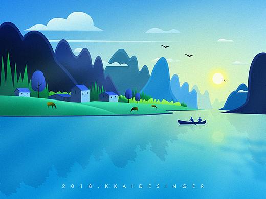 山水风景-扁平插画