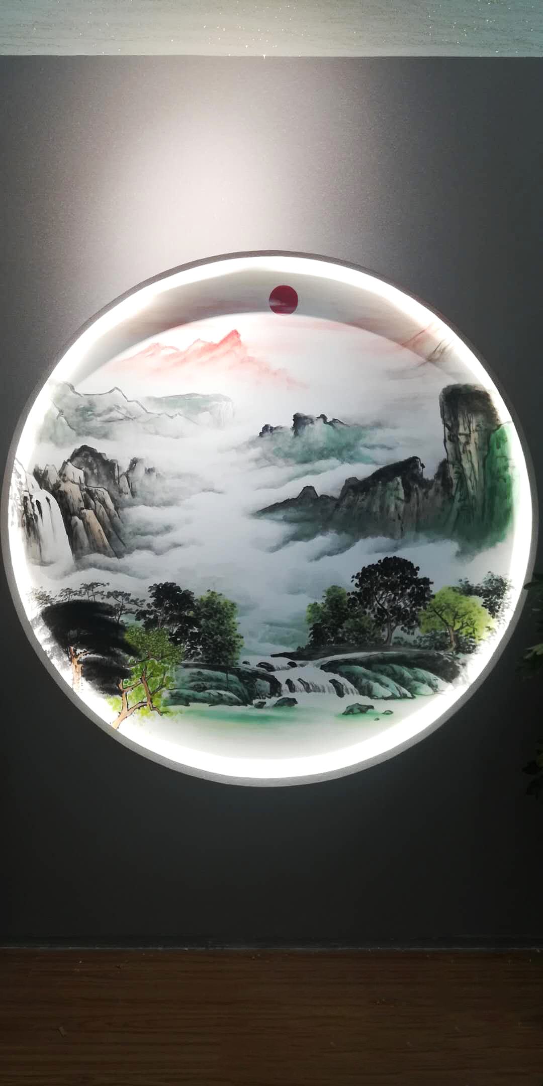 硅藻泥国画山水青山绿水圆形山水