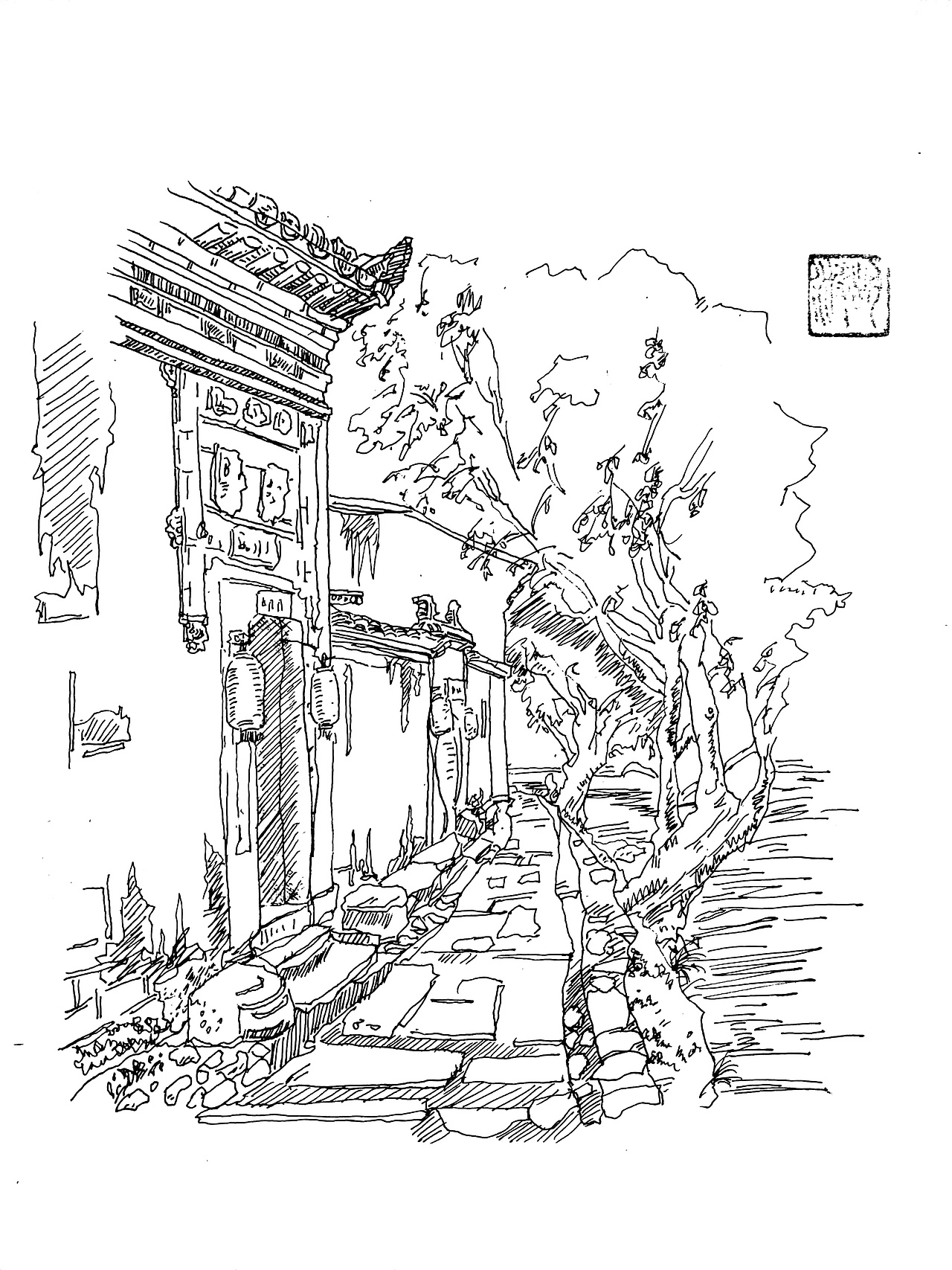 《老酒馆》江南水乡改革开放速写风景江南水乡钢笔速写复古作品信息