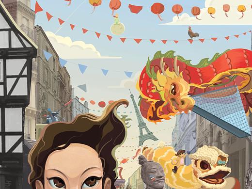复古手绘拼贴画（中法文化节场景）