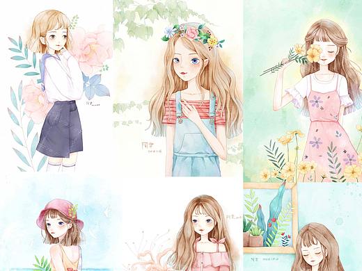 一组少女小清新插画