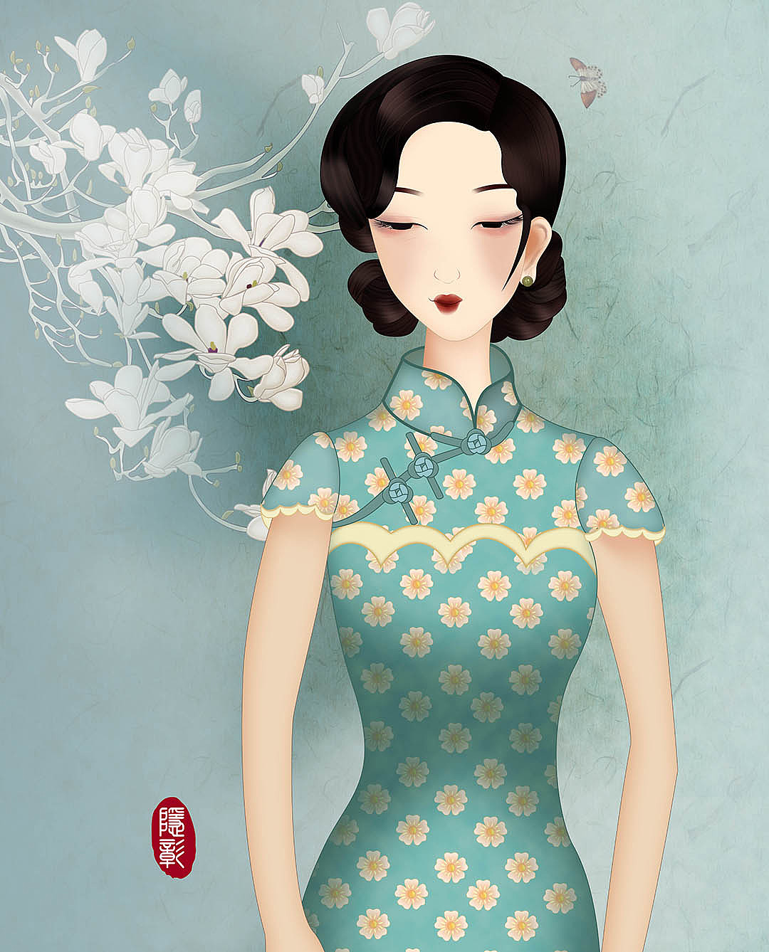 旗袍之美《石榴花与旗袍美人》（图ZMjAxNTAyOTMy） - 商业插画 - 站酷设计师隐彰原创素材 - 站酷ZCOOL