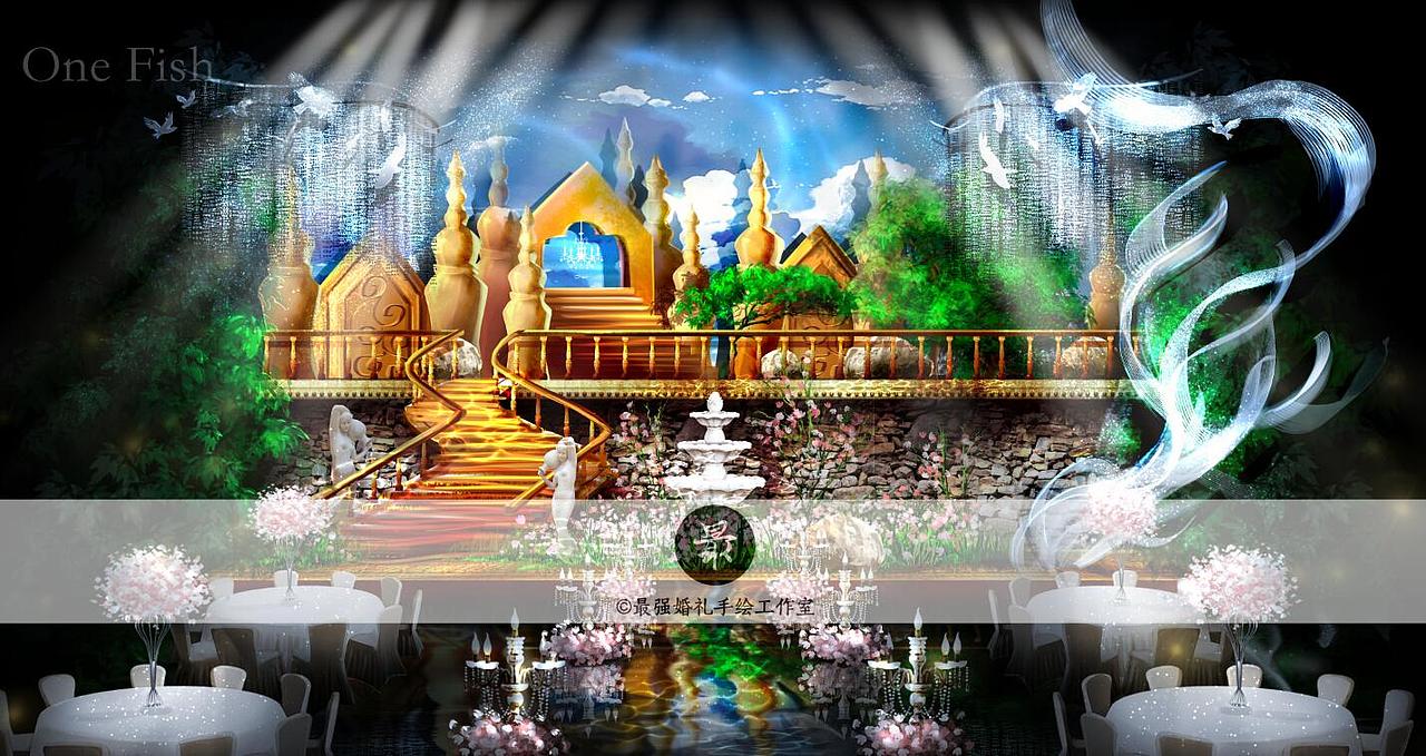 【婚礼手绘】电脑手绘金色厅内效果图（图ZNjk5OTg2MDQ=） - 舞台美术 - 站酷设计师最强婚礼手绘原创素材 - 站酷ZCOOL