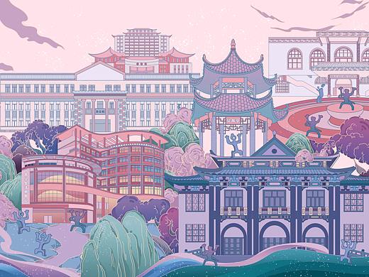 广西民族大学校园文创插画