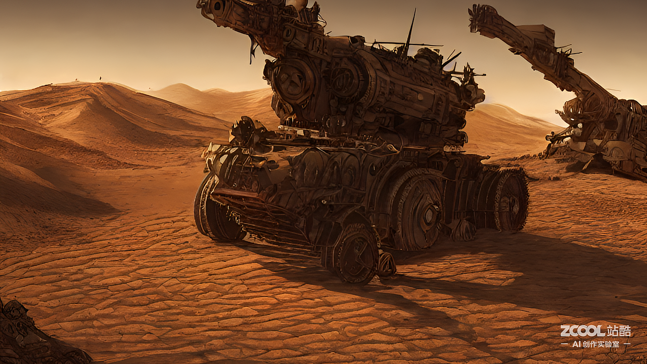 #AI创作实验室#荒漠中的战争机械,极其详细