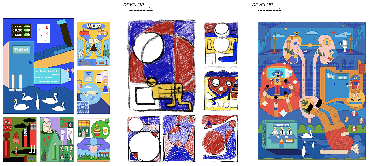 After I got the elements from my visual response, I tried to combine them together. But I failed, because the images lost their visual center.
Then I re-studied the composition of shape and made the shape of organs stand out.<br>Finally, I finished stable images with details and texture.<br>(从草图中获取元素后,我尝试将它们组合在一起。 但是我失败了,因为这些图像失去了视觉中心。<br>然后,我重新研究了形状的组成,并使器官的形状脱颖而出。<br>最后,我完成了插画中的细节并且得到了最终图像。)