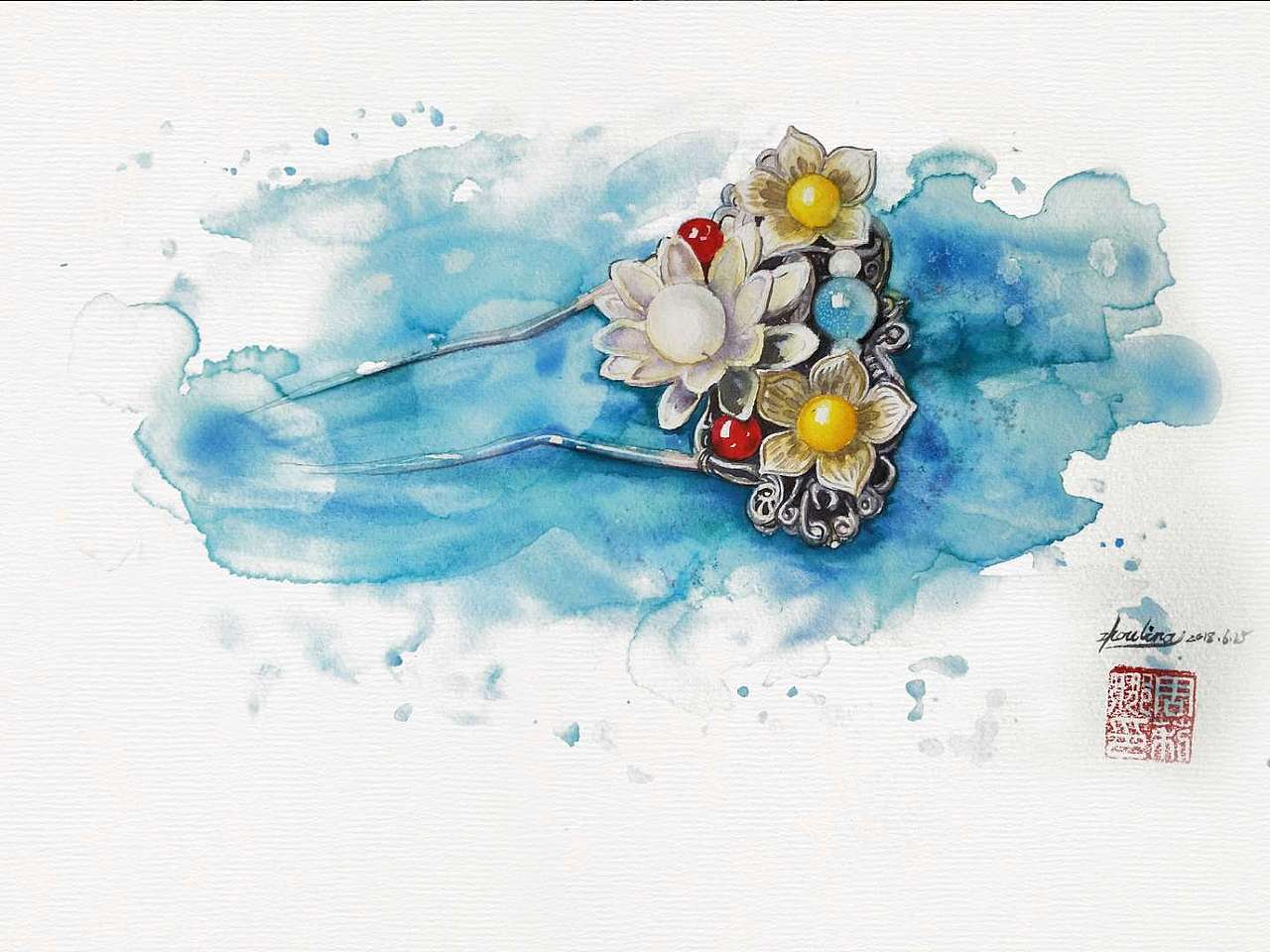 水彩发钗|纯艺术|绘画|一娜丁_原创作品-站酷zcool