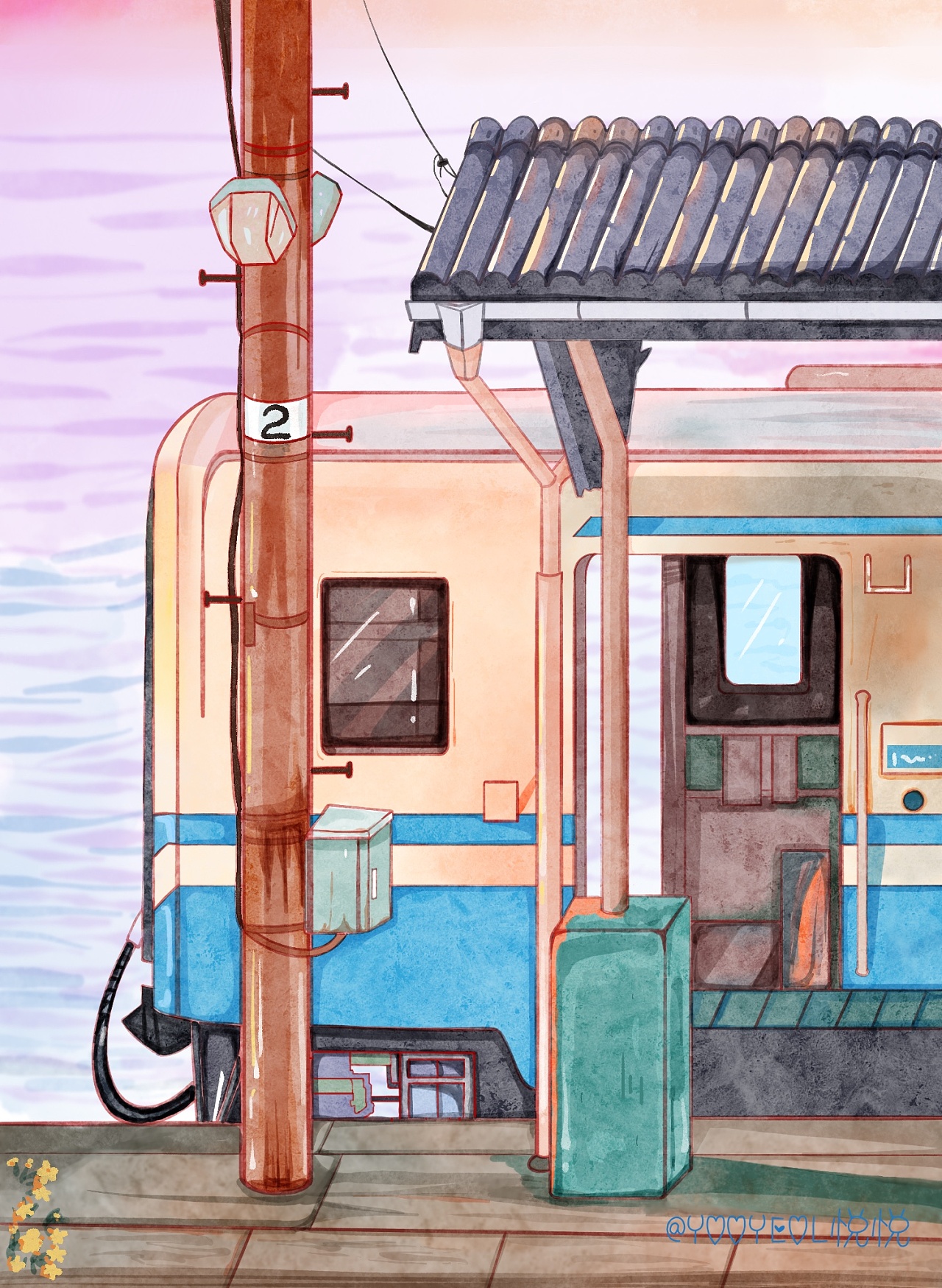 治愈系水彩画|海边列车