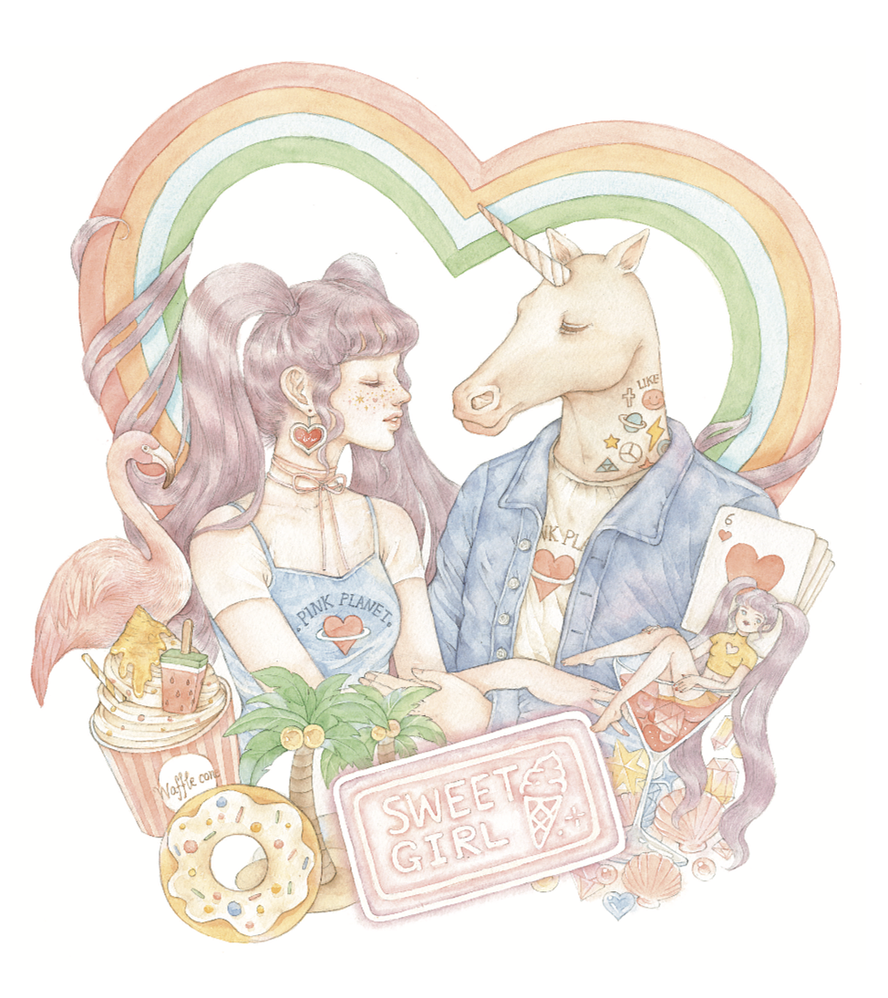 复古系少女水彩作品《双子少女馆》