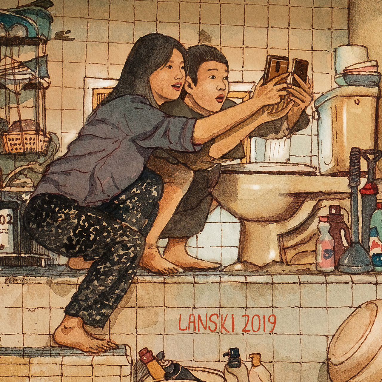 电影《寄生虫》手绘水彩插画