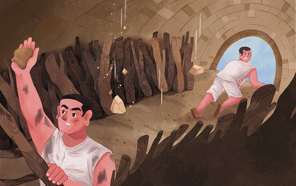 张思德修补窑洞的时候从头顶掉下来几块碎土。
<br>