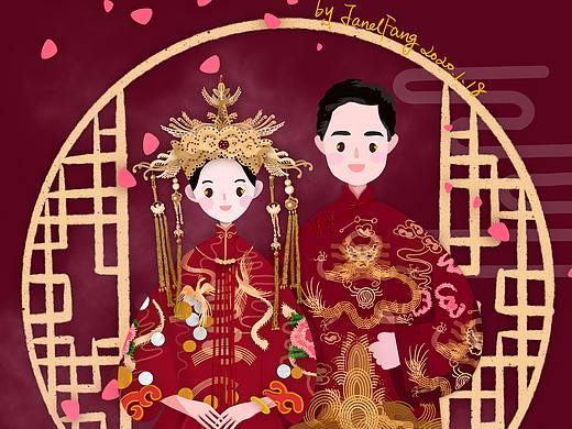 中式婚礼插画-酒窝夫妇