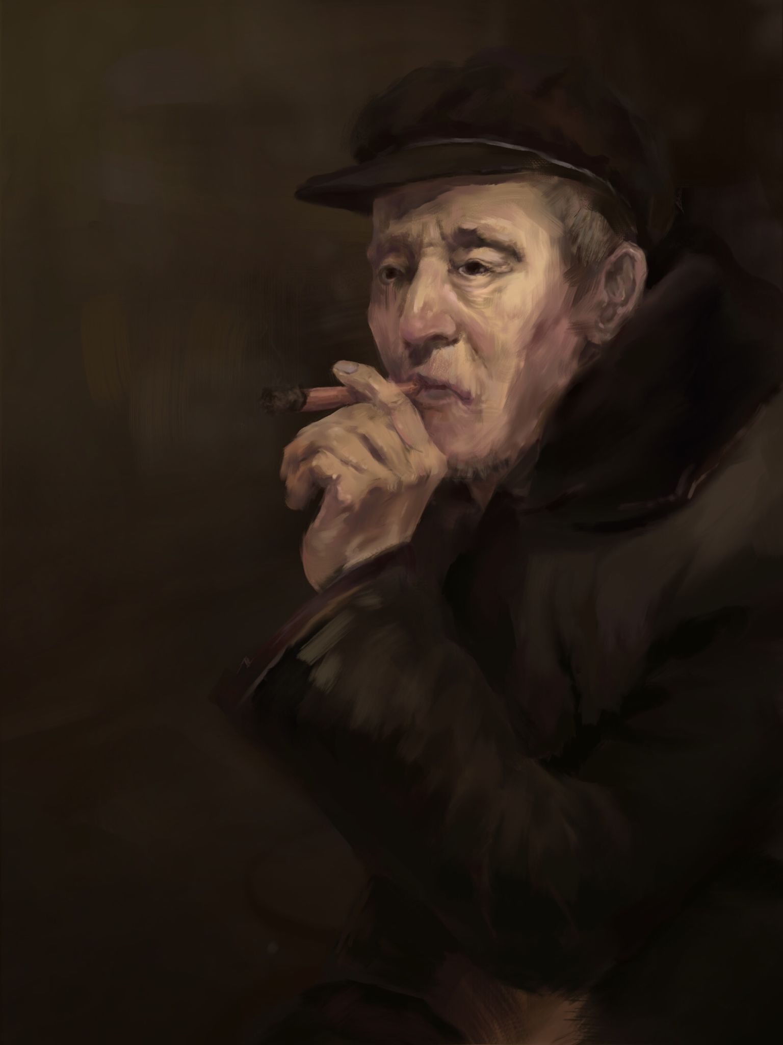 板绘油画风格《抽烟老人》