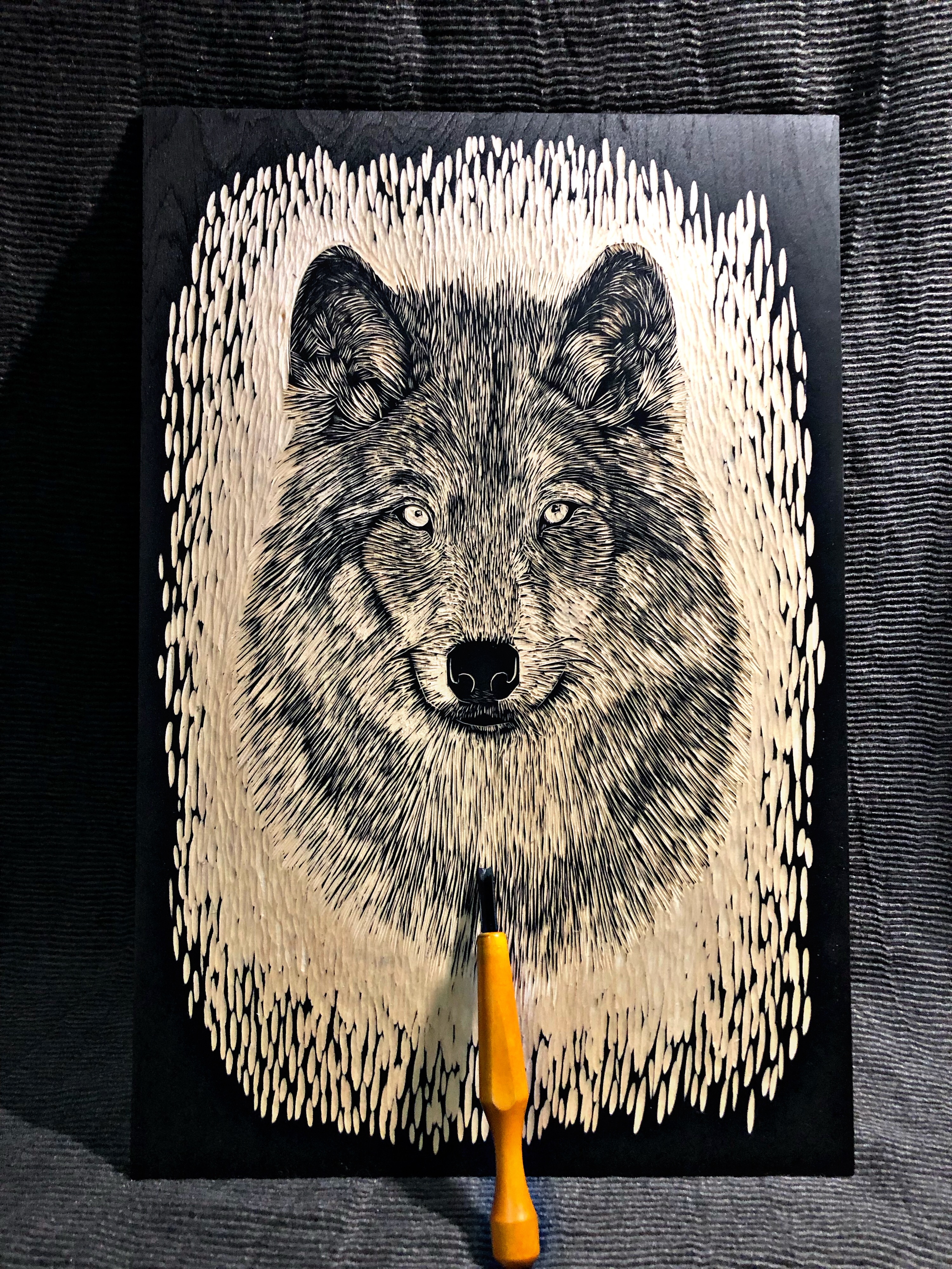 原创纯手工黑白木刻版画《狼》