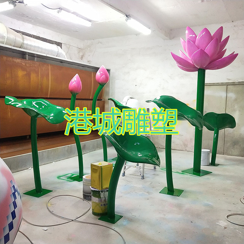 乡村小镇观光景点标志玻璃钢荷花荷叶组合雕塑定制厂家