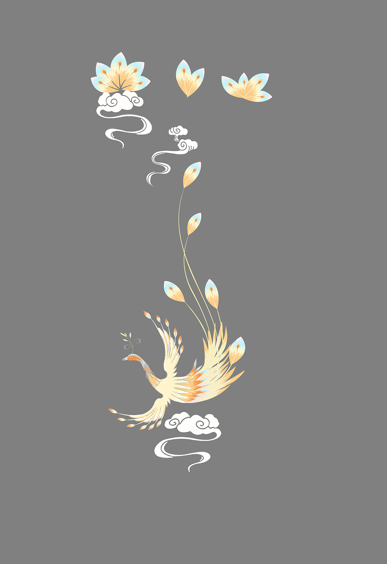 中国风凤凰莲花蝙蝠金鱼孔雀刺绣插画原创设计图案童装