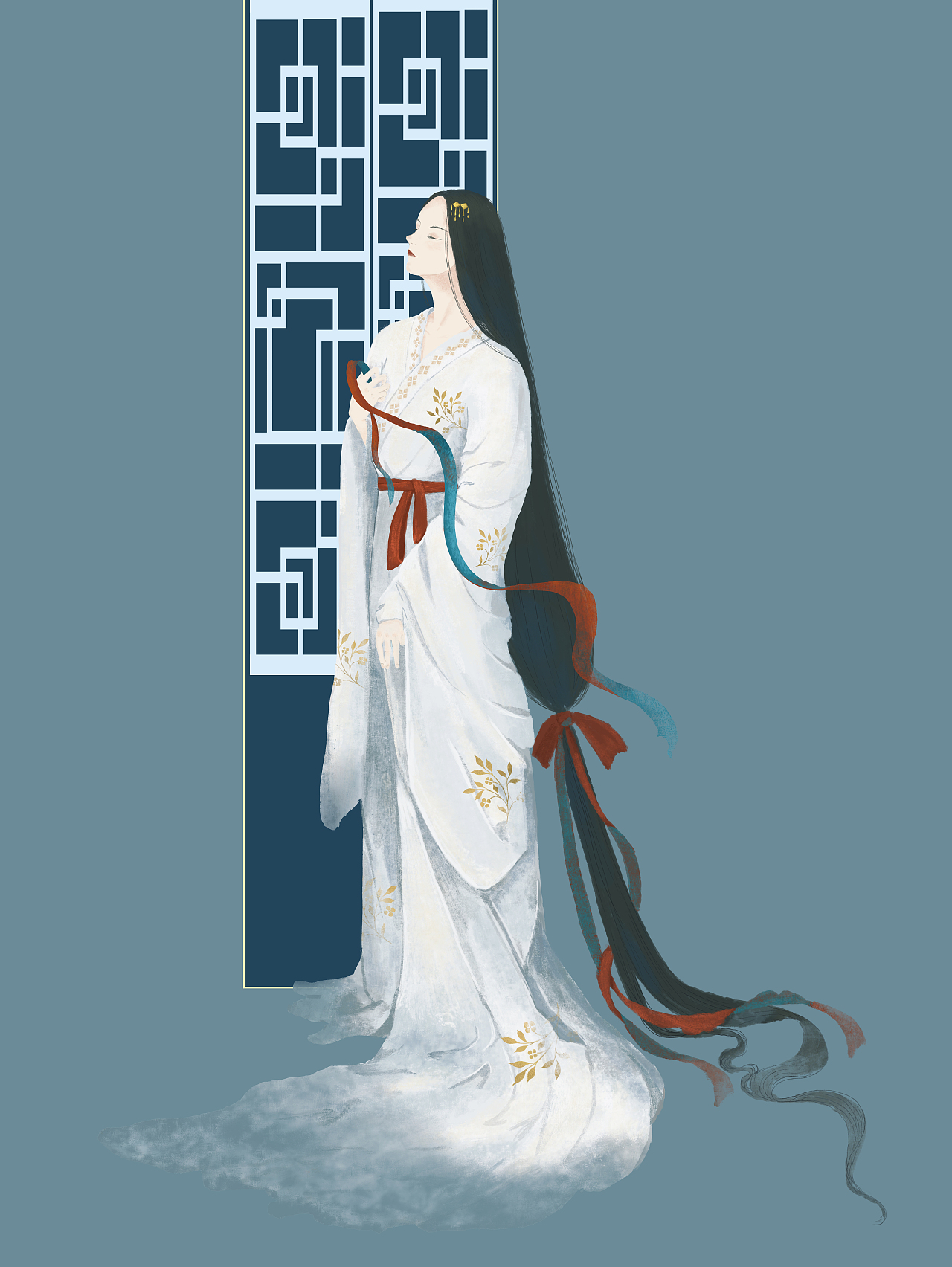 一个手拿发带遥望远方的女子,静谧淡雅的气质。