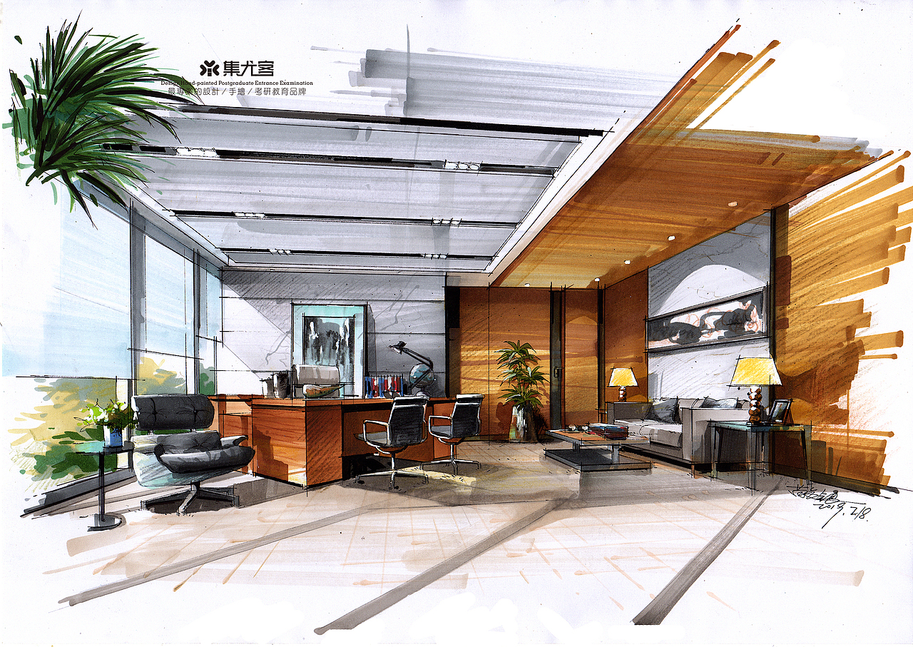 【手绘作品分享】苗长银老师室内办公空间手绘步骤表达|空间|家装设计