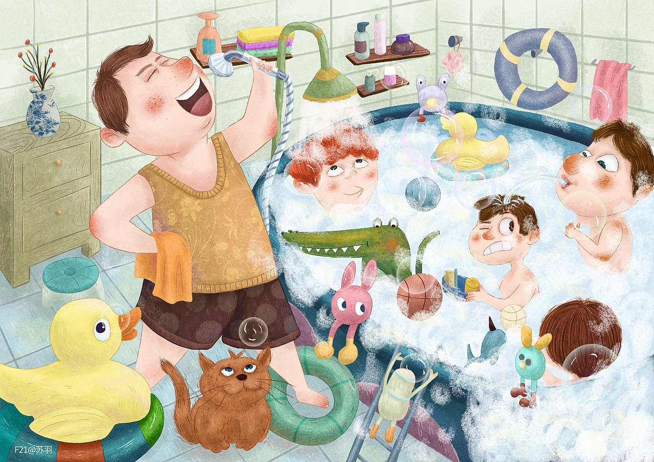 浴室嗨（图ZMjM4MzUxNDUy） - 儿童插画 - 站酷设计师苏羽Heart原创素材 - 站酷ZCOOL