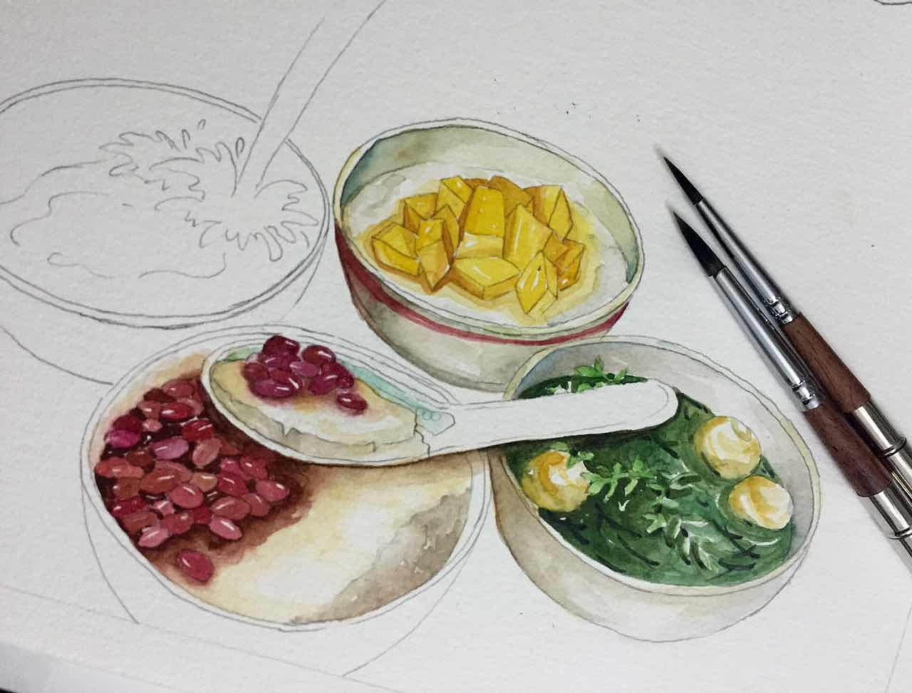 姜撞奶,红豆双皮奶,绿豆沙,芒果双皮奶|插画|商业插画|yoshiki的战斗