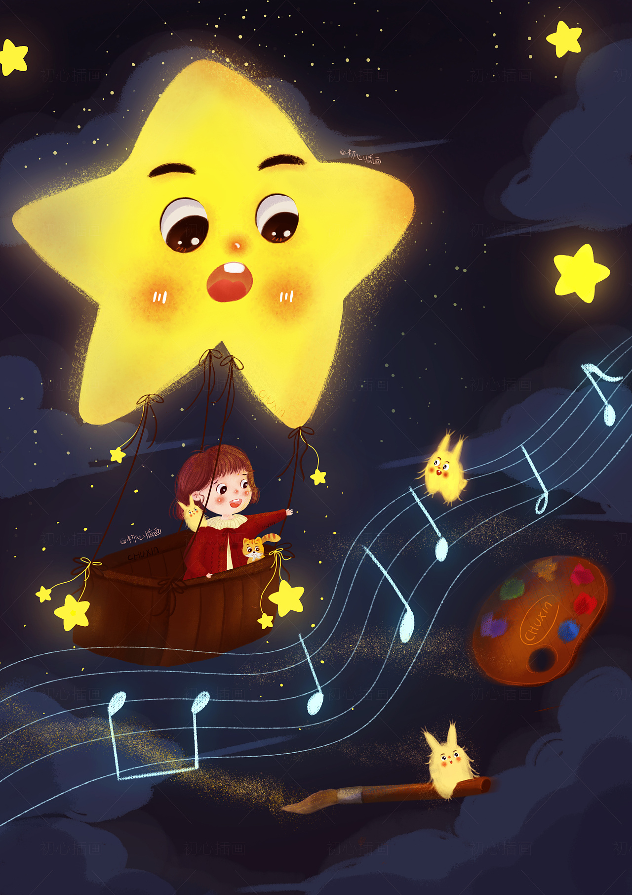 治愈系星空儿童原创插画《女孩的探险-追梦》