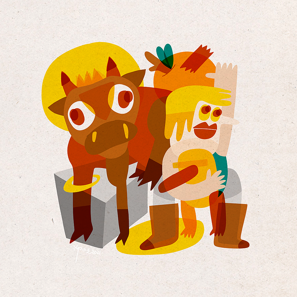 色块拼贴牛年主题