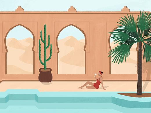 摩洛哥插画｜撒哈拉沙漠的夏日泳池