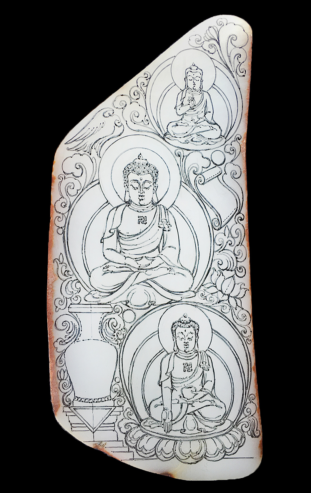 和田玉插牌绘画及雕刻过程【三世佛】