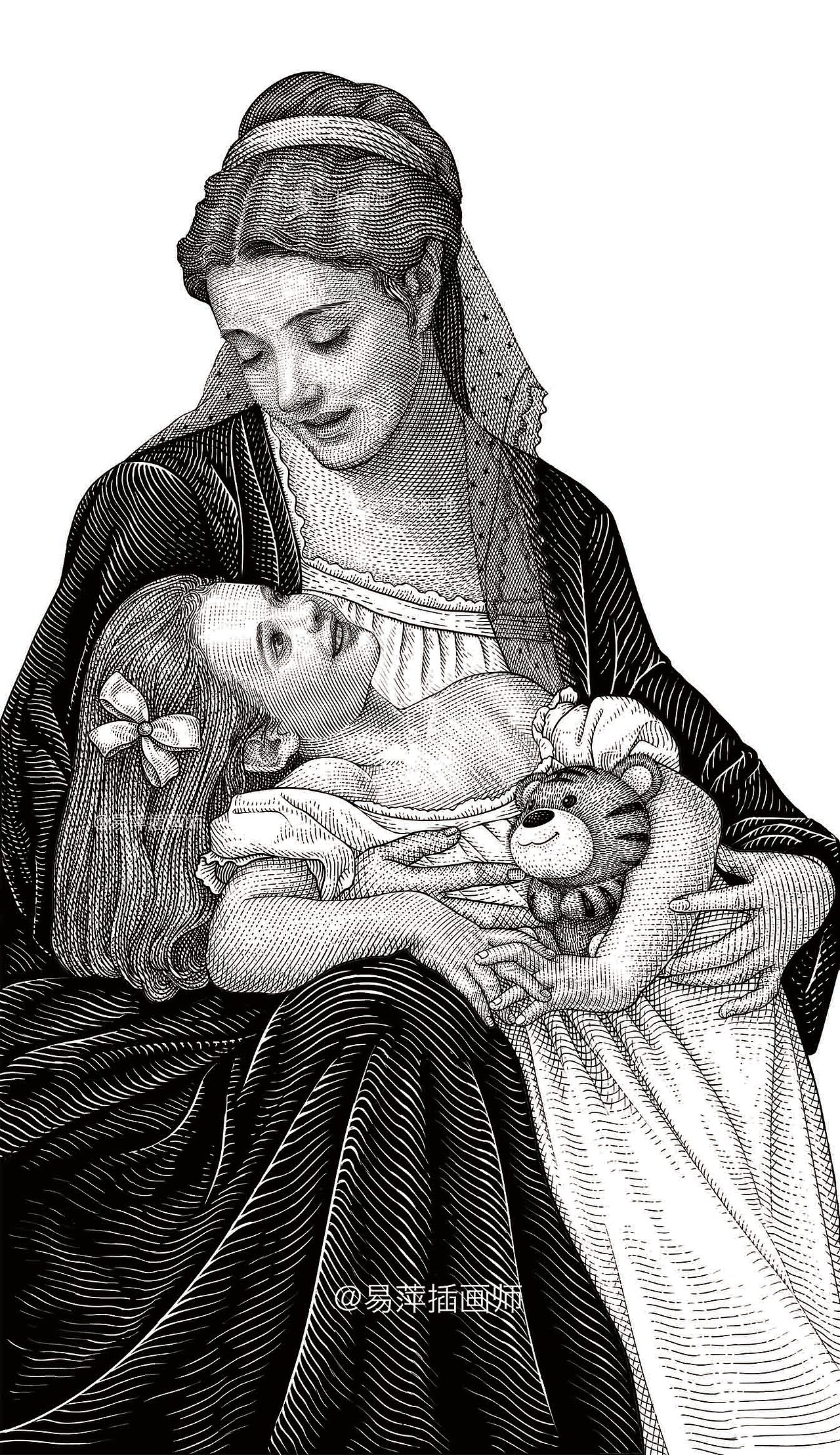 铜版画手绘 -《母爱》