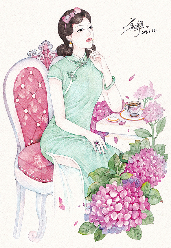 复古旗袍女子系列,水彩插画