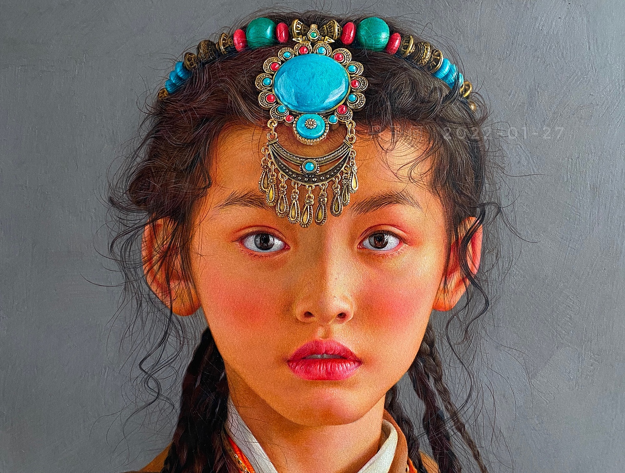 彩铅人物-《头戴绿松石的小女孩》