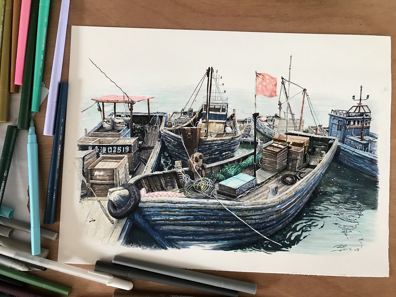 zd软头水彩笔画秦皇岛老渔船