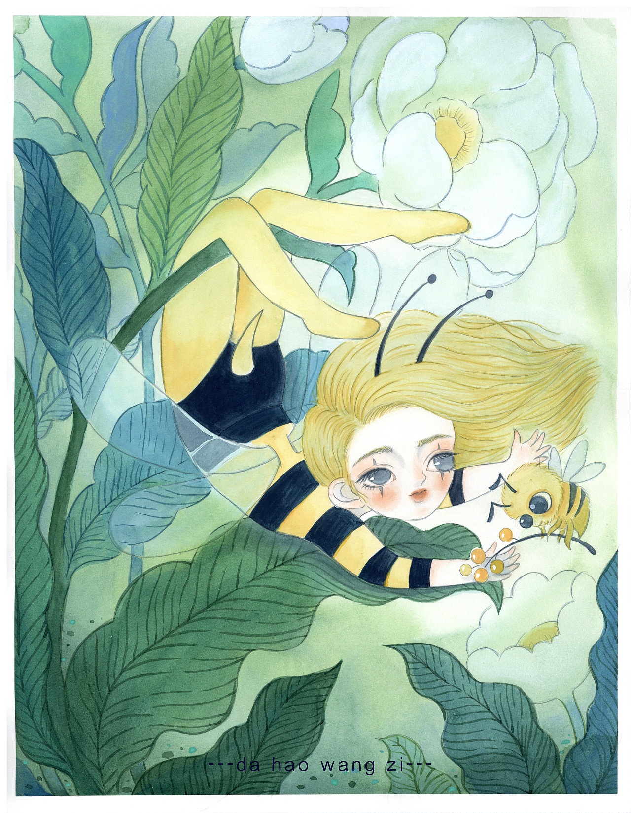 原创水彩插画"昆虫精灵"之蜜蜂