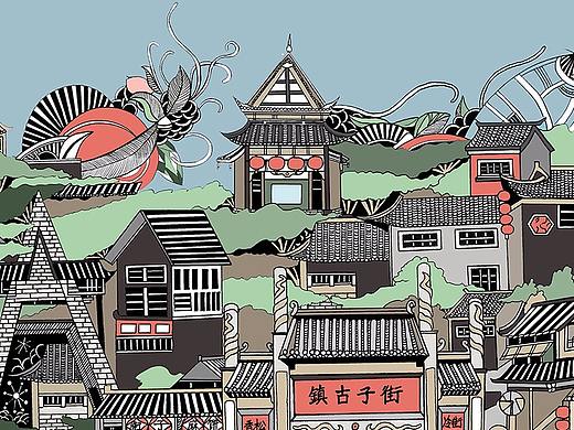 古镇景点插画设计