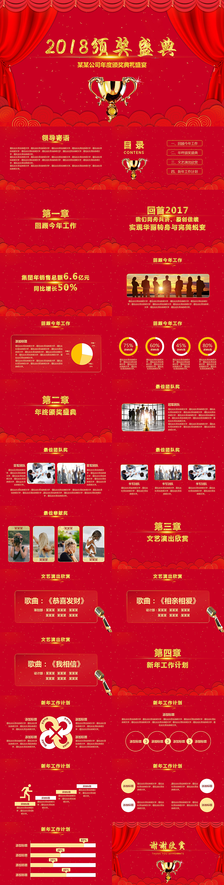 2018喜庆红色中国风年终工作总结PPT模板