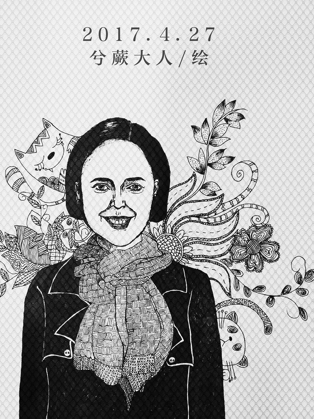 黑白线条画--《老师与猫》