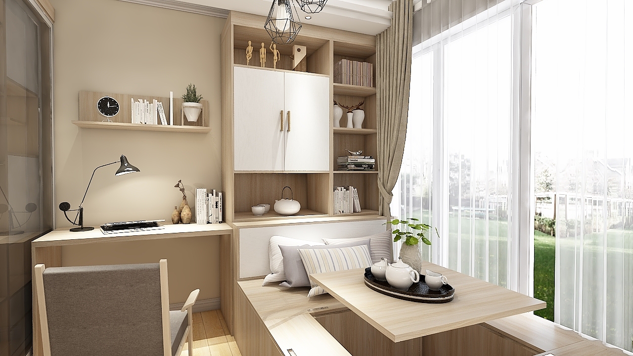 现代原木清新客厅隔断+榻榻米书柜