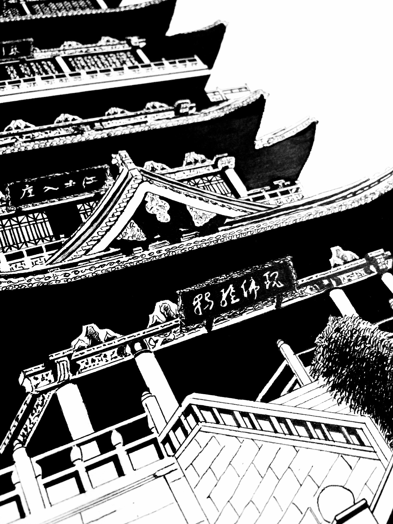 古建筑黑白涂鸦（图ZNjcwMjA1MDg=） - 绘画 - 站酷设计师loong_原创素材 - 站酷ZCOOL