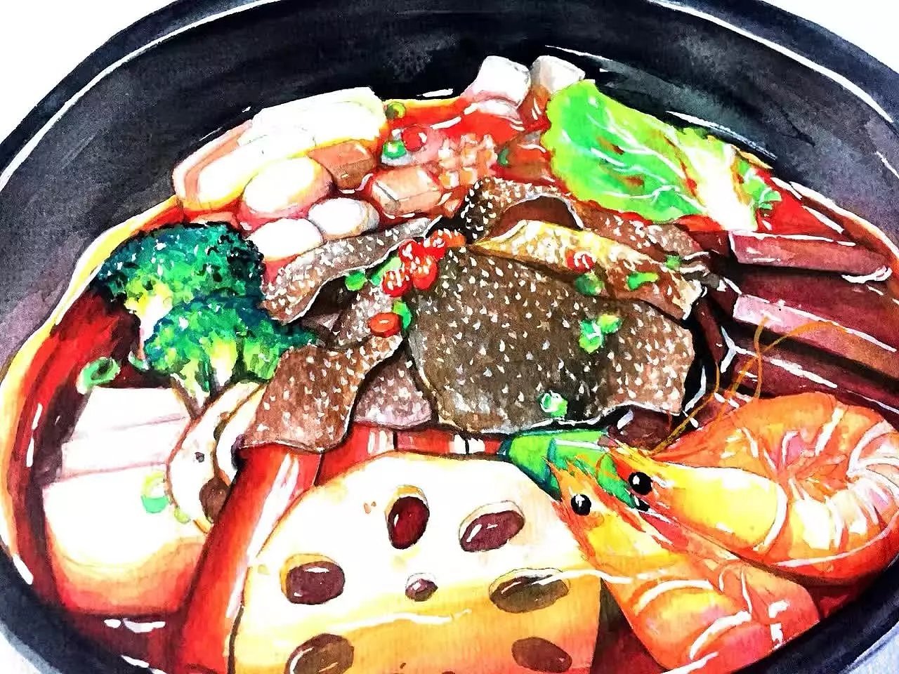 原创美食插画···麻辣鲜香的冒菜