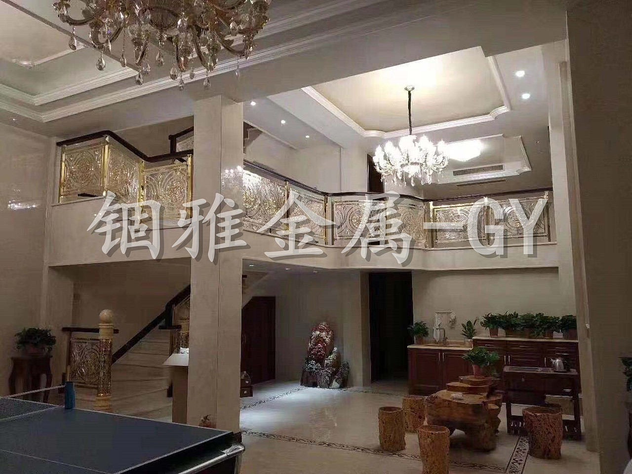 镜面K金香槟金别墅装饰楼梯铝艺黄铜雕刻护栏屏风锢雅